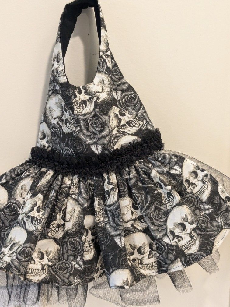 Handmade Halloween Skulls Dog Dress With Black Tulle Under Skirt