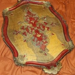 VINTAGE HAND PAINTED RED GOLD GILDED WOOD ITALIAN FLORENTINE SERVING TRAY TABLE DECOR ITALY