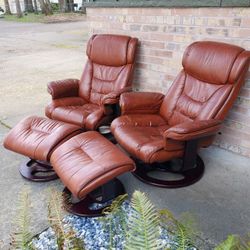 Pair Of Mid Century Modern Leather Reclining Lounge Chairs With Ottomans 