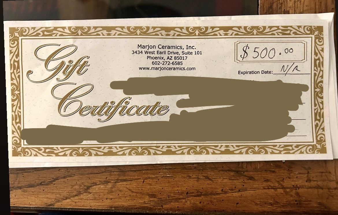 $500 Certificate Marjon Ceramic Store