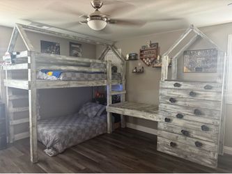 Custom built kids bunk bed w/rock wall & bridge