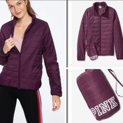 VICTORIA'S SECRET PINK PACKABLE PUFFER JACKET LUSCIOUS PLUM MAROON SIZE SMALL