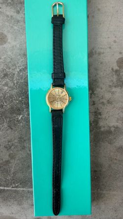 Vintage Niskey Gold-Tone Ladies Quartz Watch – Black Leather Band