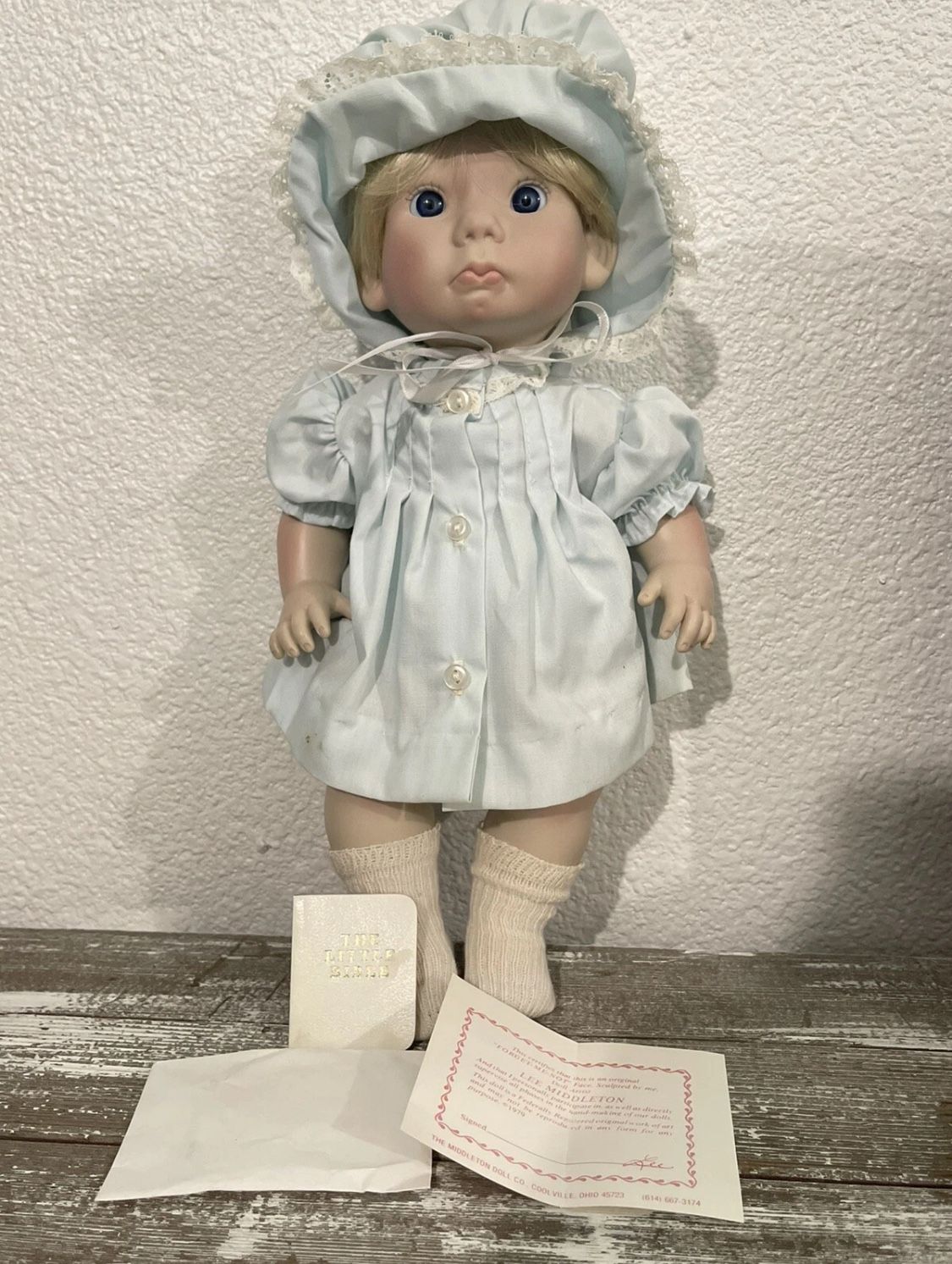 Vtg 14" Lee Middleton Little Angel Face Doll w/Mini Bible COA Signed 1979 Vinyl#27