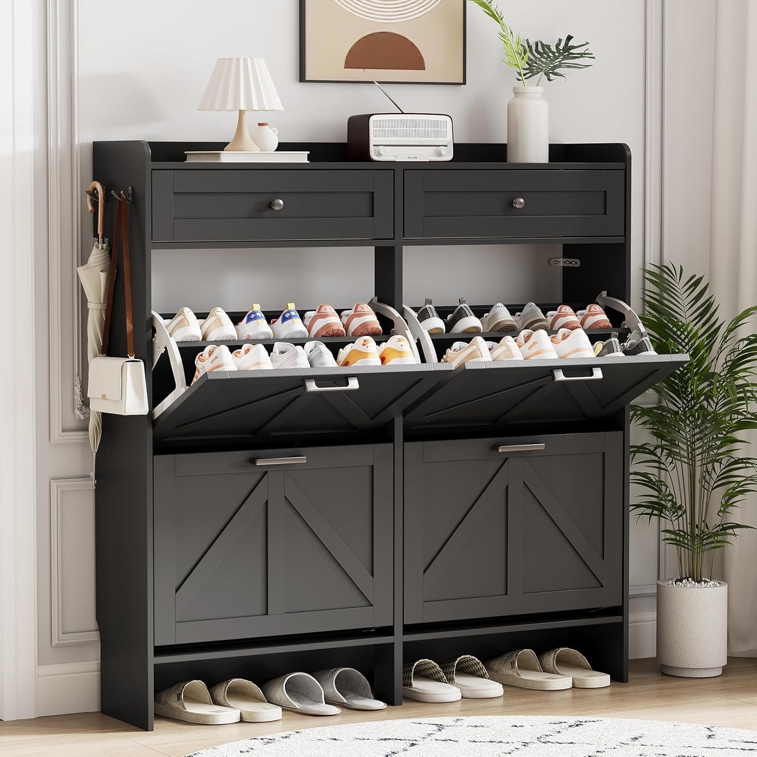 Shoe Cabinet with 4 Flip Drawers & 2 Top Drawers, 43" Tall Freestanding Narrow Wooden Shoe Storage Organizer for Entryway, Hidden Slim Shoe Rack for F