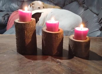 Handmade Rustic Log Candle Holder Set