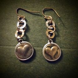 Two Toned Chain Link Center Heart Dangle Earrings