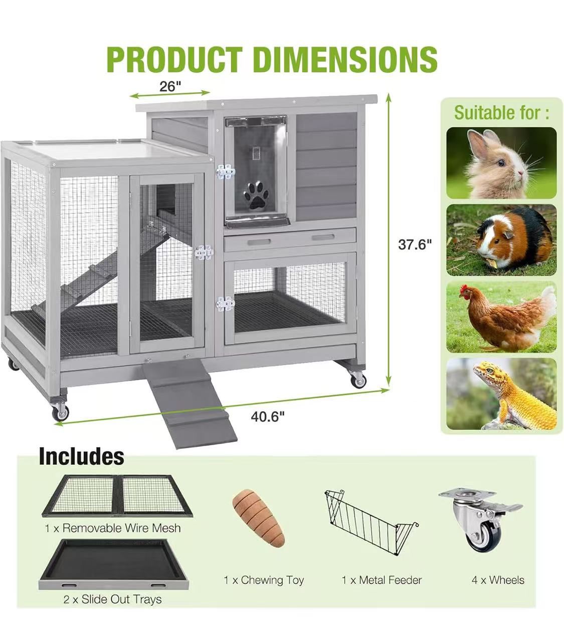 😀 2-Story Rabbit Hutch Indoor with Chew-Proof Ramp & Slide-Out Plastic Trays - Wooden Small Animal Cage Guinea Pig Cages with Wheels for 2-4 Rabbits