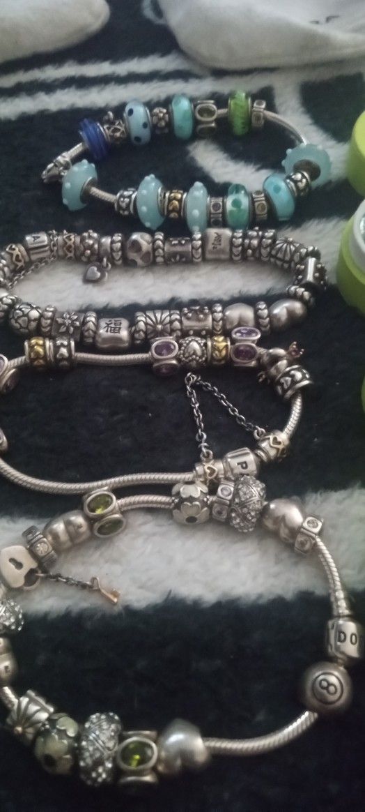 4 Pandora Bracelets 1Pandora Necklace Purple Gem...A Lot Of Beads & Charms....