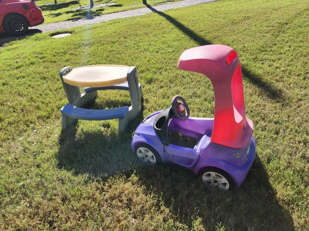 $50 For Both Little Tikes Ride On Purple Car And Outdoor Picnic Table Activity Table