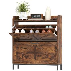 Shoe Storage Cabinet with 2 Flip Drawers, Legs, Farmhouse Freestanding Narrow Shoe Cabinet, Slim Hidden Rack Organizer for Entryway, Hallway, Rustic B