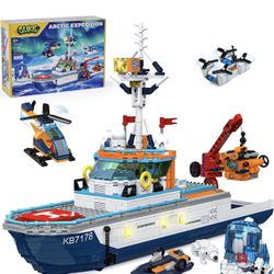Set de Construcción de Barco de la Ciudad con Luces LED - Juguete de Regalo de Barco Explorador del Ártico para Niños y Niñas de 8 Años, con Helicópte