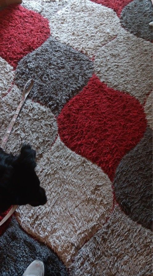 Red, Dark Grey, Light Grey, And Off White Area Rug