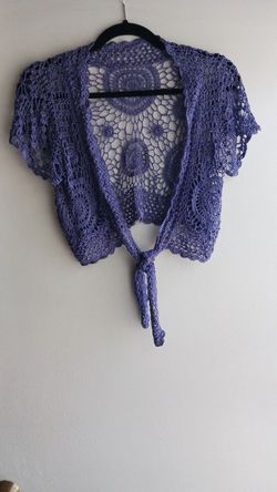 Purple crocheted tie front shrug