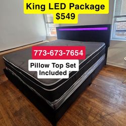 Brand New King LED Bed Frame With Pillow top Mattress & Boxspring! Ready For Delivery 🚚 
