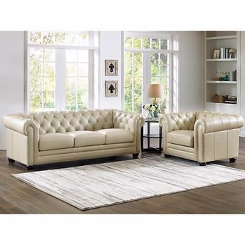 Allington 2-piece Top Grain Leather Set Sofa, Chair - Eggshell White