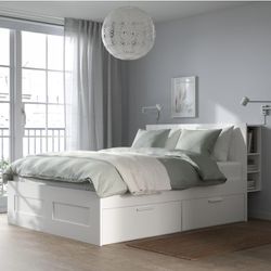 IKEA White Queen Bed Frame With Headboard And Storage 