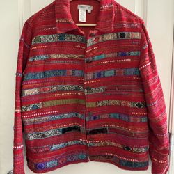 Coldwater Creek Red Tweed Striped Shirt Jacket Shaket Petite Large PL