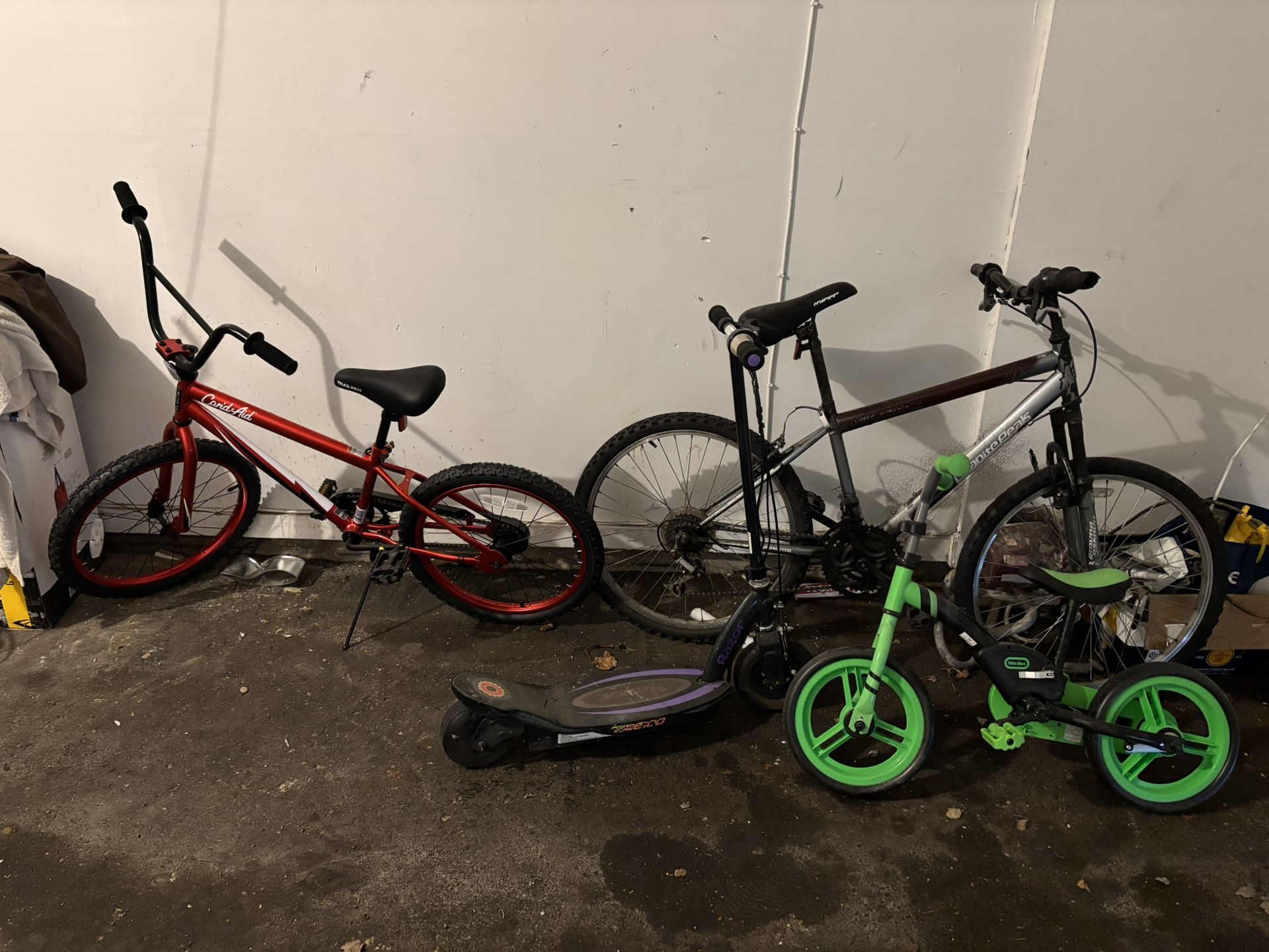 3 bikes and electric scooter