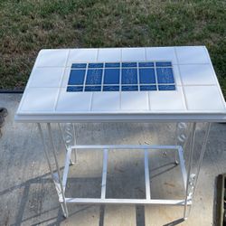 Vintage White Iron Table with White & Blue Tropical Fish Tile Top