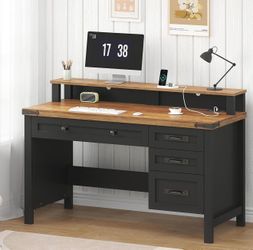 47" Farmhouse Computer Desk with Drawers & Outlets for Home Office