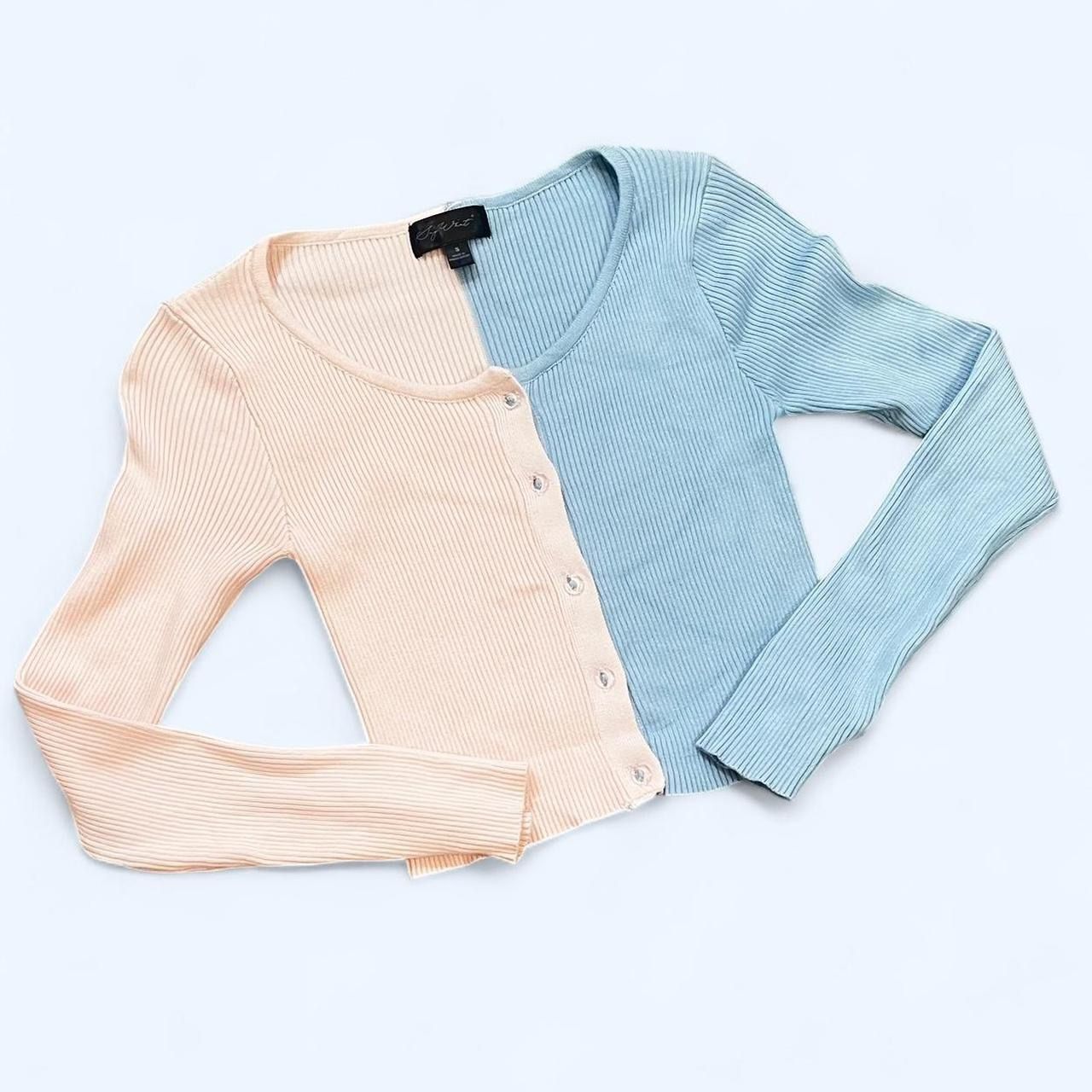Say What? Women’s Small Light Blue Pink Long Sleeve Button Up Knit Sweater Crop Top