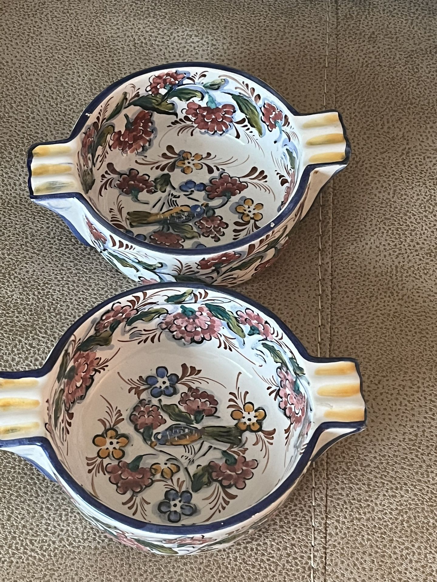 Portuguese Hand Painted Ceramic Bowls, Bird, Flower, And Blue Trim