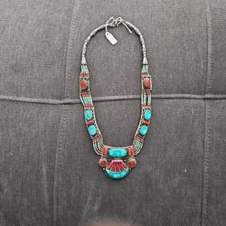 Tribal Turquoise And Coral Inlay Necklace 