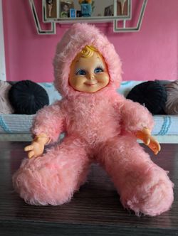 1960's Rushton Pink Fluffy Rubber face snow baby 21" Cleaned and Repaired