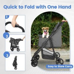 4 Wheel Dog Stroller, Wedyvko Foldable Pet Stroller with Storage Basket, Dog Stroller for Small Dogs & Cats (Dark-gray)
