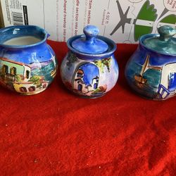 Set Of 3 Hand Painted Blue Greek Ceramic Milk/Sugar Set Imported From Greece