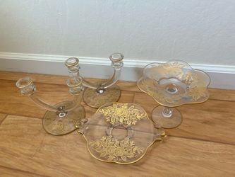 Vintage Glass Gold Floral Candle Holders & Dishes Set