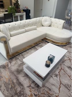 Luxury White Faux Leather Sectional Sofa & Coffee Table Set – Glam/Modern