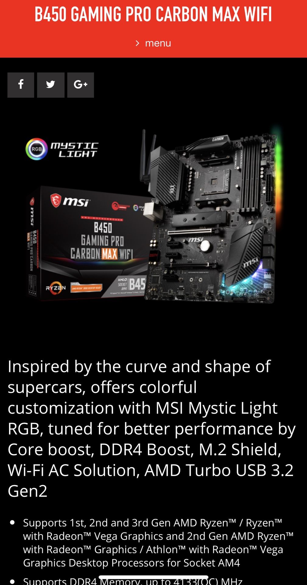Msi B450 Gaming Pro Carbon Max Wifi MSI MSI B450 Gaming Pro Carbon