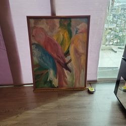 Vibrant Abstract Framed Bird Painting 44x31 in
