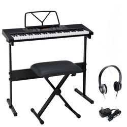 61-Key Portable Electronic Piano LED Display Keyboard Kit W/ Music Stand, Headphones, Microphone,Black