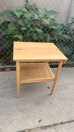 Modern Light Wood Side Table with Woven Shelf