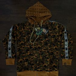 Mcm X Bape Orange Shark Camo Hoodie