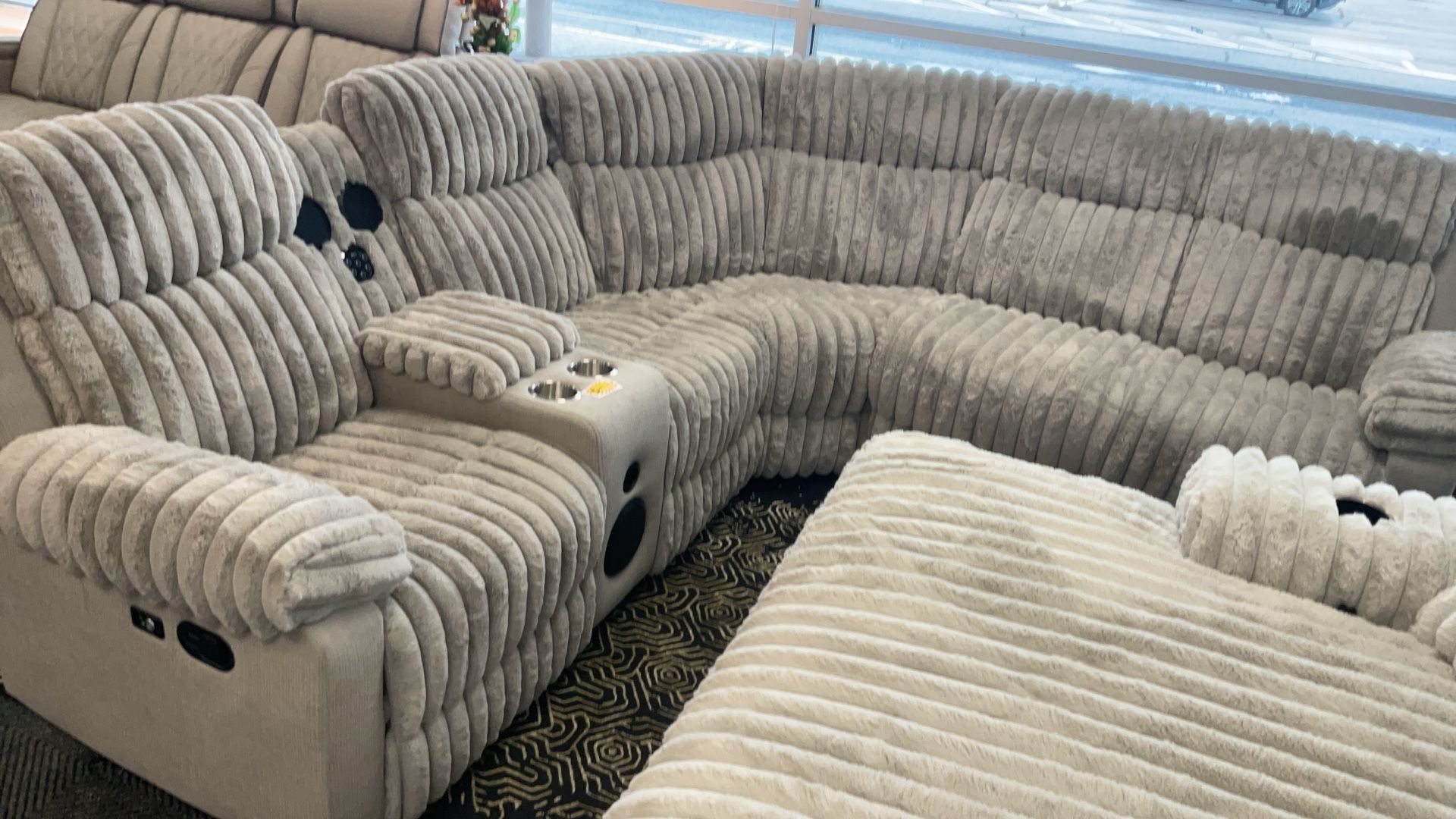 NEW! Grey Fuzzy Soft Corduroy Sectional With Built In Speakers Manual Recliner Cup Holders LEDs And USB Plug Ins