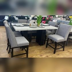7PC Marble top Dining table set with gray chairs
