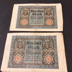 (2) Vintage 1920 German 100 Marks Paper Money
