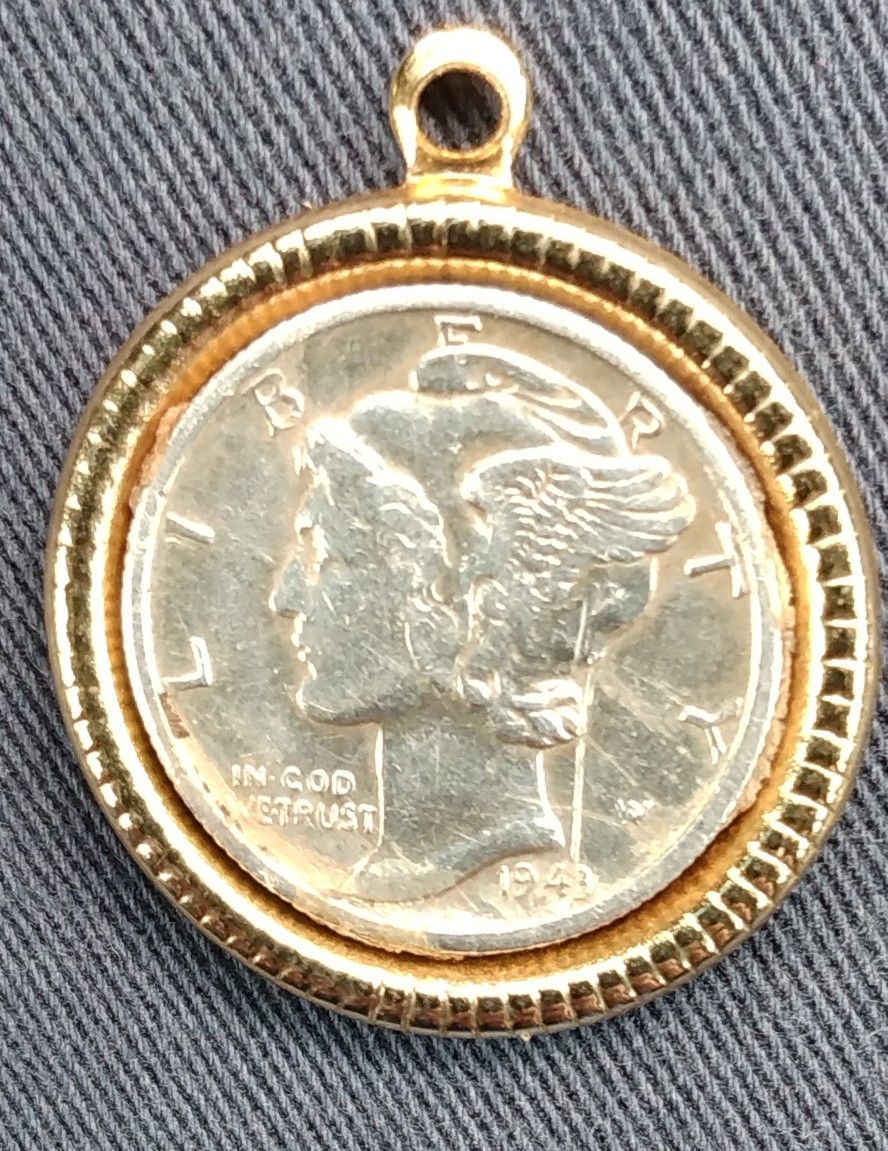 1943 Mercury Dime In Case In Necklace Charm.