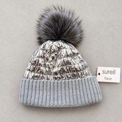 New Surell Silver Winter Beanie with Faux-Fur Pom-Pom
