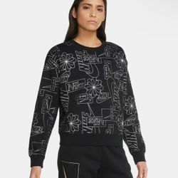 Nike Women's Icon Clash Black Silver Fleece Crop Crew Pullover Size Small