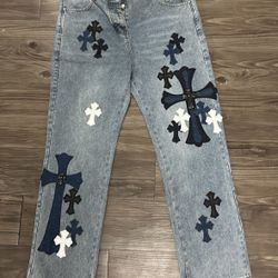 Men Chrome Heart Jeans Blue Jeans Size 34 Blue Black White Crosses