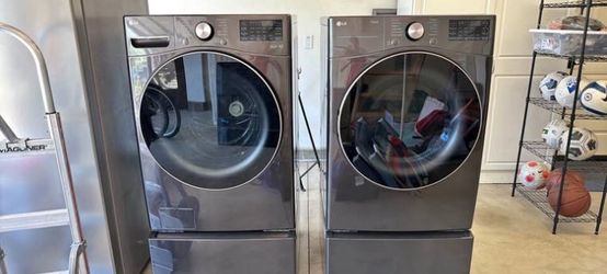 LG ThinQ Front Load Washer & Dryer Set w/ Pedestals – Black Steel