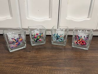 Set of 4 Hummingbird Glass Square Vases