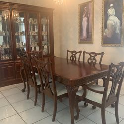 Pennsylvania House Solid Cherry Wood Hand Carved Dining And China Set With Extension Leaves And Table Protector
