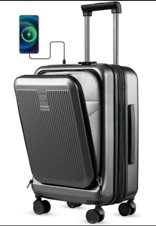 LUGGEX Carry on Luggage 22x14x9 Airline Approved, PC Hard Shell Suitcase with Front Pocket, Expandable Luggage with USB Port (Black, 20 Inch)