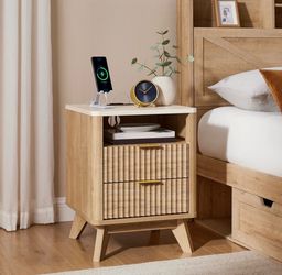 Nightstand with Charging Station - 2 Fluted Drawers - Natural Wood - New